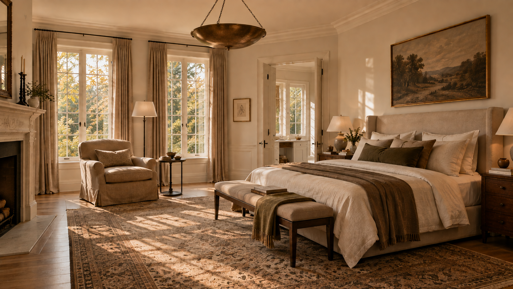 A sunlit, styled bedroom